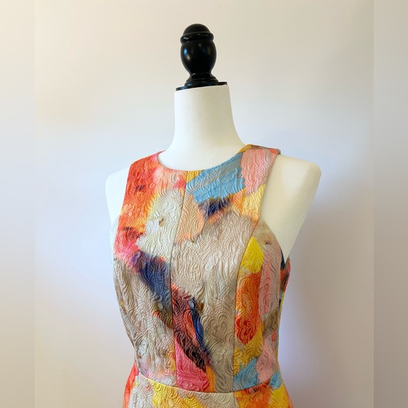 H&M Multi-Coloured, Pink, Yellow, Tan, Embossed Printed Dress, Fitted - size 8 - Picture 3 of 8